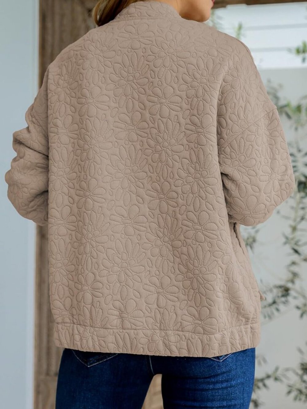 Stylish Women's Jacquard Bomber Jacket - Zip Up Coat with Pockets, Trendy - Picture 4 of 6